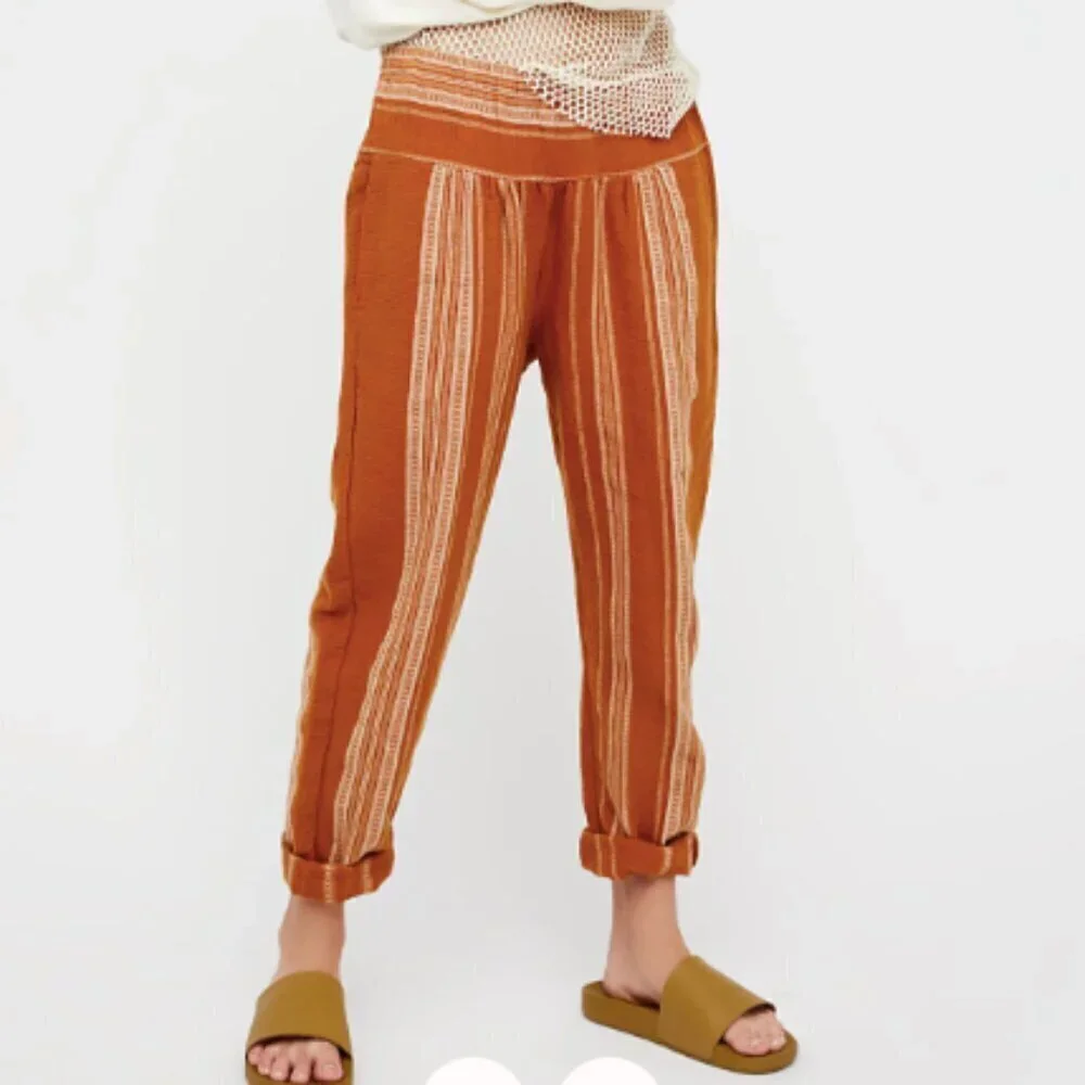 Free People Wide Yoke Pull On Stripe Pants Women's XS Cotton Beach Boho Mustard